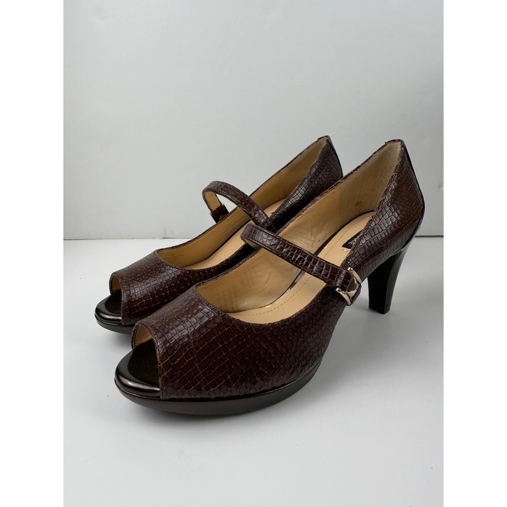 Alex Marie Brown Croc Embossed Mary Jane Peep Toe Heels Size 7.5M